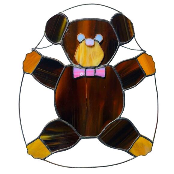HUGE Vintage Leaded Stained Glass Teddy Bear Plush Window Art Suncatcher 16"x14" - Picture 1 of 10